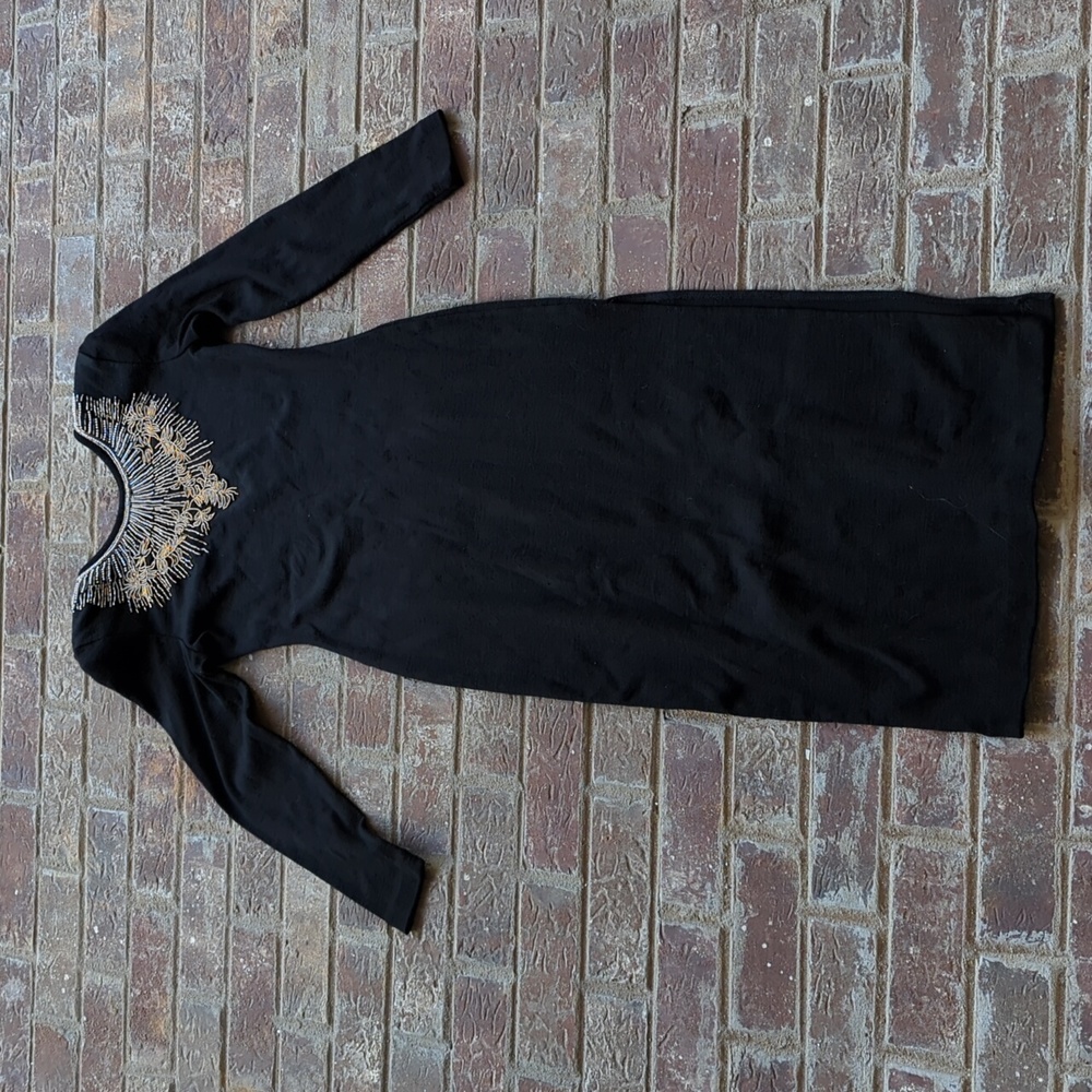 Vintage 1980s Sexy and Elegant Black and Gold Beaded Wool Blend Bodycon Dress